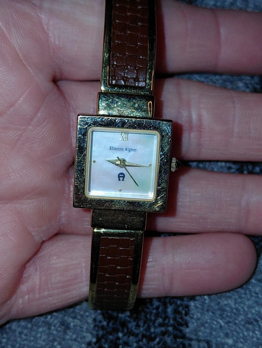 Vintage Etienne Aigner Square Watch Mother of Pearl Gold Brown Equestrian Y2K CC